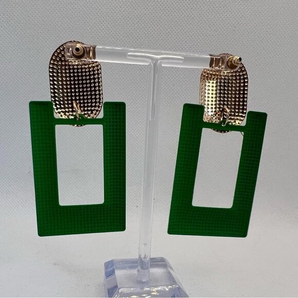 NEW Bright Kelly Green Gold Lightweight Statement Earrings Geometric Art Deco - Picture 10 of 13